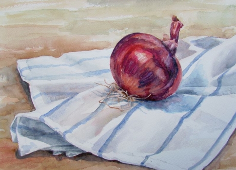 'Red onion on striped cloth'